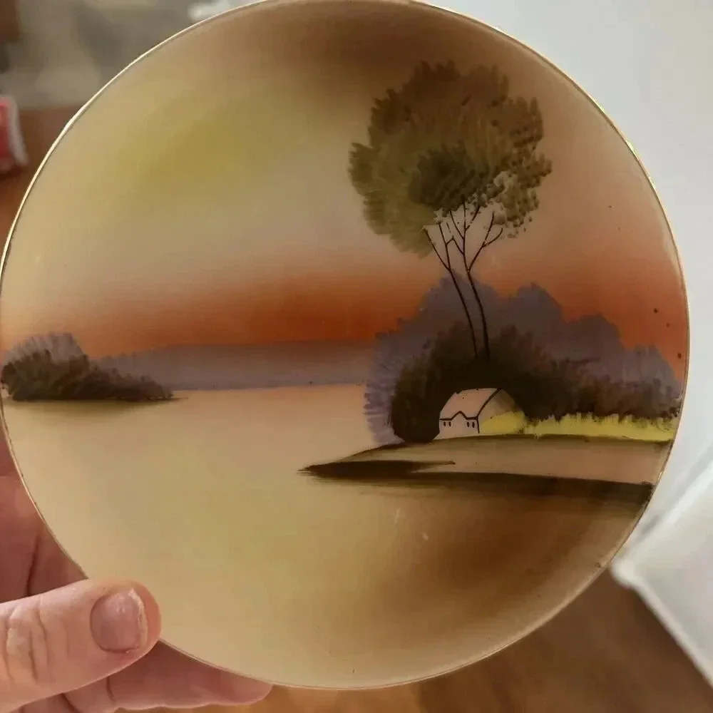 Vintage Hand Painted Made In Japan Plate Set Outdoor House Tree 6”